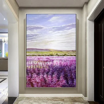 100% Ръчно рисувани върху платно с лилаво цвете, монтиран на стената изкуство-пейзаж, цвете, абстрактна живопис с маслени бои, модерен дом, хол, кабинет, веранда