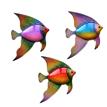 3 бр. Стенен арт декор под формата на метална риба, цветни градински фигури от желязо