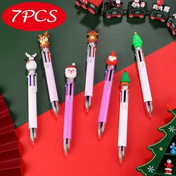 7шт Коледна 6-цветен Прибиращ Химикалка писалка с Анимационни Дядо Коледа и Лосем, Многоцветни Химикалки, Офис-канцеларски материали, Ученически принадлежности, подаръци