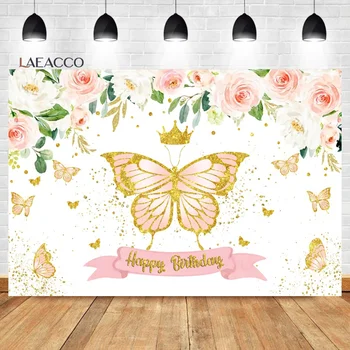 Laeacco, Фон за снимки с розова пеперуда, Пъстри цветя, Цъфтеж златен блясък, на фона на портрет на рожден ден момичета, Душата на дете.
