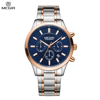 MEGIR Луксозни бизнес на часовника от неръждаема стомана Мъжки кварцов часовник с хронограф и дата Мъжки часовници с осветление Relogio Masculino