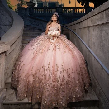 Rose Мексиканското Пищни Принцеса рокля Празнична рокля за бала Тюл Златни Апликации, Мъниста Сладка рокля 15-16 Vestidos De 15 Anos 2024
