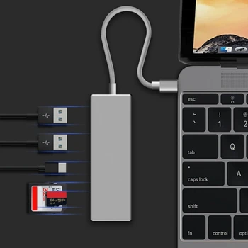 USB-хъб Type C Адаптер 5 в 1, Преносим алуминиева сплав 3.0 + 3.1 SDTF USB Type C