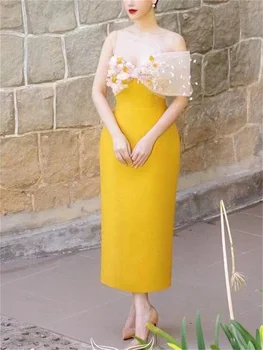 Выпускное рокля с едно рамо, 3D цвете обвивка, сплайсинговый трикотаж чаена дължина с отворен гръб, Секси дамски елегантни вечерни рокли