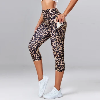Гамаши-капри с леопардовым принтом, дамски панталони за йога с висока талия и странични джобове, бързо съхнещи спортни чорапогащи за фитнес, облекло за фитнес