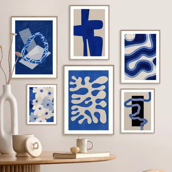 Геометрия на синьо цвете, абстрактна козметична стенни картини, платно, плакат в скандинавски стил и стенни картина с принтом за всекидневна декор