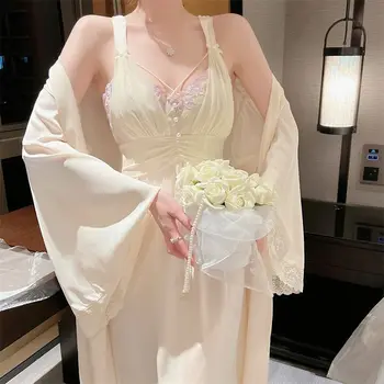 Годишният нов комплект за сън, домашен костюм на принцеса, Дълго кимоно, халат за баня, сексуална лейси нощница, сватбена вечерна рокля, облекло за почивка