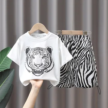Годишният памук топ с тигровым принтом за малки момчета, тениска + къси панталони с завязками във формата на зебра, комплекти детски дрехи от 2 теми, дрехи от 1 до 12 години