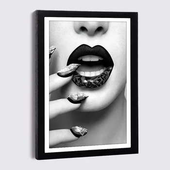 Дървена рамка за снимка A3 A4 A5 с изображение на платно Женски устни фото-модел Луксозни магазини Плакат Скандинавски Черно и Бяло Стенни Декор рамка