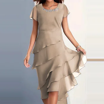 Елегантно дамско шифоновое рокля в стил мозайка с кръгло деколте и къс ръкав Модно секси ежедневна вечерна рокля Ново дамско диференцирани рокля трапецовидна форма