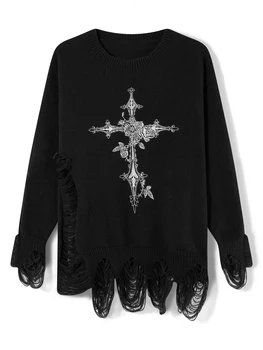Жена пуловер на Хелоуин, черен, с дълъг ръкав, вязаный пуловер с принтом, върхове
