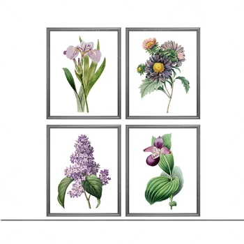 Импресии violettes de fleurs, illustrations rétro, ensemble d ' art стенопис végétal de 4 импресии