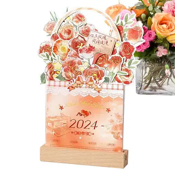 Календар Bloomy Flowers в 2024 година Креативен Подвижна Планер цветове във формата на Ваза Настолен Календар-планер с дървена стойка Банкетна Цвете