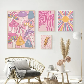 Каубойски ботуши Модерен ретро плакати и Абстрактни щампи розова стенни живопис върху платно за тийнейджърка, стенни пана, декор в общежитието на колежа