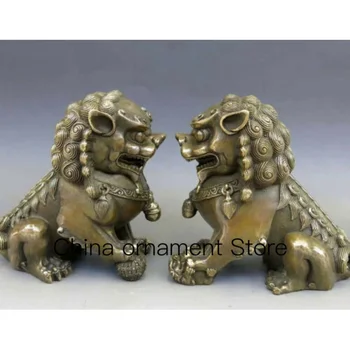 Китайската античната бронзова врата със статуя на куче фън шуй Фу Лъв-Бог Двойки Лъв