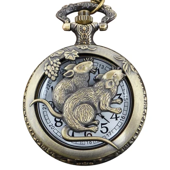 Китайски Зодиакални Тотем Мишката Кухи релеф на кварцови часовници джобни от веригата антични Часовници за мъже и жени Колие Подарък часовник