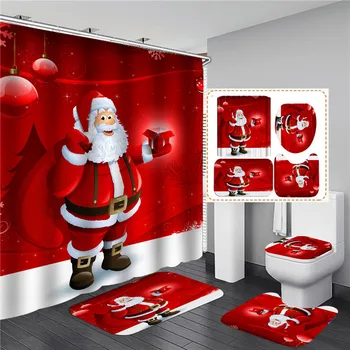Коледна завеса за душ с принтом червено Дядо Коледа, комплект с подложка за баня, противоскользящий килим, Вграждане за баня, Водоустойчив начало декор