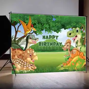 ЛУНАТА.QG Фон Динозавър честит Рожден Ден на Сафари Фон за парти Зелена трева Планината Африка диви животни Реквизит за снимки на бебето