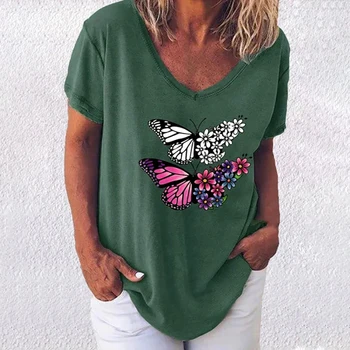 Лятна нова дамски тениски с 3D принтом пеперуда, женски модерен топ с V-образно деколте, свободно модерен камуфлаж с цветя в стил харадзюку