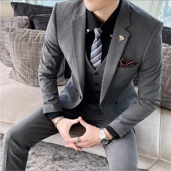 Марка Qj Cinga, мъжки бизнес бизнес костюм от 3 теми, черно, сиво, синьо, мъжки обикновен комплект за сватбени партита