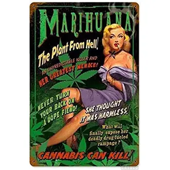 Метална табела 420 Плакат на филма за канабис, Cannabis Pin Up Girl Decor Декор на гаража Стенни художествена лидице знак