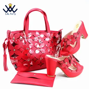 Модерен всекидневен стил 2024 г., на Нови приходи, Африканска дамски обувки и чанта в червен цвят, Италиански дамски чехли за почивка към роклята