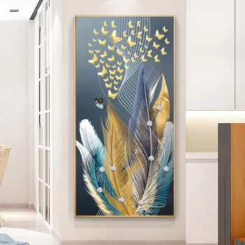 Модерна пеперуда със синьо златно перо, абстрактна живопис върху платно, монтиран на стената арт принт и плакат за декорация на дома в хола