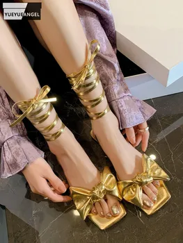 Модерни дамски сандали с отворени пръсти, летни елегантни дамски сандали на равна подметка с тънка каишка, сандали от естествена кожа с квадратни пръсти и лък
