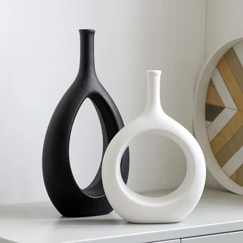 Модерни керамични вази в скандинавски стил, Кръгли кухи понички, Ваза за цветя, Фигурки, Декоративни саксии за тенджери, работна маса за дневна, офис.