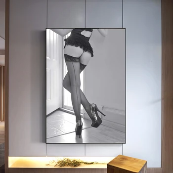 Най-секси жена в черно бельо и чорапи Модерен дизайн, Стенни художествена картина с принтом върху платно, декорация на дома, Cuadros