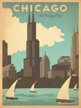 Начало декор Ретро пътен Чикаго Деко-Коприна художествен плакат, стикер на стената, подарък