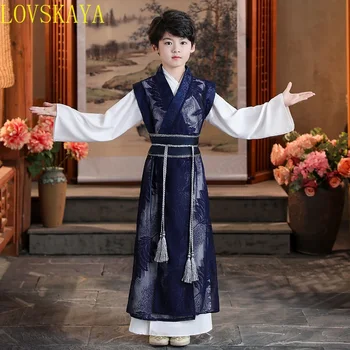 Нова старинни дрехи за момчета Hanfu 2024, бебешки дрехи за начално училище Hanfu, Китайската академия, Открит облекло Tang
