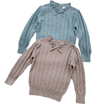 Пуловер за малки момичета 2023, Пролет-есен, детски вязаный пуловер, Син, розов, с рюшами, за момичета, детски пуловер, пуловер за деца с лък