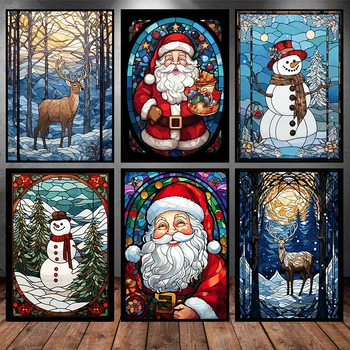 Реколта празнична Коледна зимна картина върху платно, Дядо Коледа, Снежен човек, Стенни художествени плакати, щампи, живопис за домашен интериор дневна