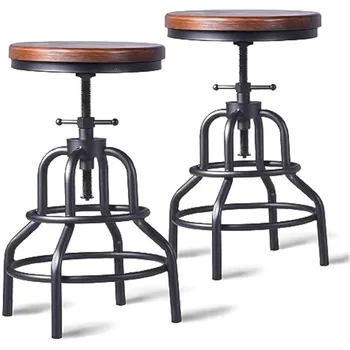 Ретро промишлен бар стол-Селски отточна тръба на шарнирна връзка бар стол-Кръгла дървена метален стол-Кухня-часова регулируеми по височина