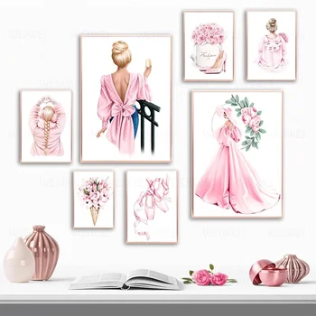 Розова картина върху платно Декорация на дома, Балетные обувки Плакати и щампи Модни цветя за момичетата Стенни картини за хола Изкуство