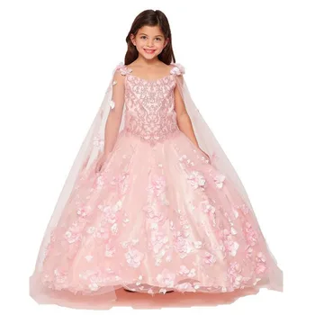 Розови мини-буйни рокли, бална рокля с V-образно деколте, тюлевые рокля с цветя модел за момичета-цветочниц, мексикански сватбени елегантни рокли за деца
