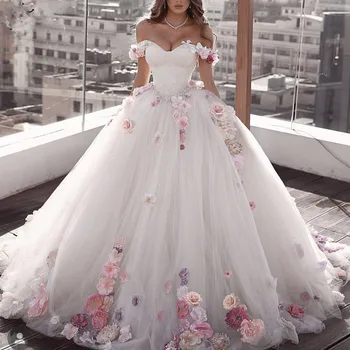 Сватбени рокли, в прекрасна бална рокля с 3D цветя, с открити рамене, Пъстра цветна градина за булката, тържествен случай, Плаж, бохо за младоженци