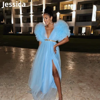 Светло сини рокли за бала Jessica, вечерна рокля от тюл с цветя модел ръчно изработени, дрехи за бременни, секси вечерна рокля с дълбоко V-образно деколте и цепка отстрани