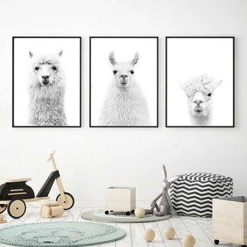 Семеен принт Лама, Черно-бял модерен фотопостер, стенни рисунки в детска градина, картини с животни от алпака, платно, живопис, интериор на детска стая