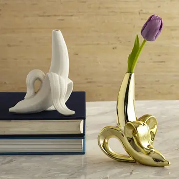 Скандинавски творчески дом Керамична ваза с отложено във формата на банан от матирано бяло злато, настолна ваза с малък провлак, цвете банка, модел седнал банан