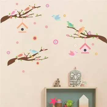 Сладък птици, пеене на цветен конец, стикери за стена за декорация на детската стая, Мультяшная рисувани стенни Сафари, стикери за дома, плакат с животни