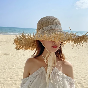 Сламена шапка, дамски лятна солнцезащитная плажна шапка, Модни кожа опушка, Маритим Панама с голяма периферия, Празнична плетени шапка от слънцето