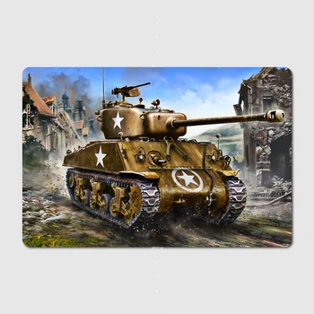 Среден танк M4 Sherman, Метална табела, плакат, Украса Гараж, Хол, Кино, Хол, Пютър Ретро декор за дома