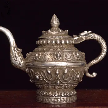 Стария Тибет, античен сребърен чайник с дракон, Прилеп, Изделия ръчна изработка, Украса, събиране и Prettification, Безплатна доставка