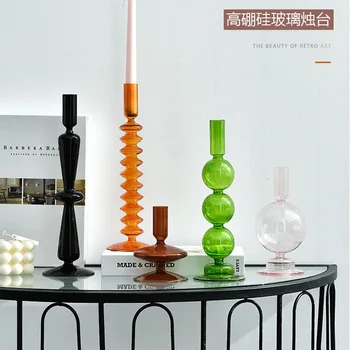 Цветни стъклени свещници в ретро стил, занаяти, поставка за свещи, украса за вечеря на свещи, реквизит за снимки