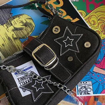 Чанта в американски стил, ретро стил, модни дънкови чанти-тоут, Нова чанта Y2k, зашити Звездите, Метална верижка, чанта за момичета, Дамска чанта, портфейл