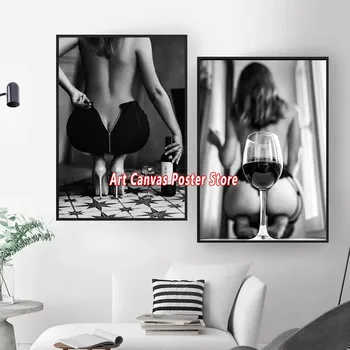 Черно-бели секси женски гащи в ретро стил, плакат модели, Винарска автомобил, на голо момиче, печат върху платно, картина с цветове, за всекидневната, декември