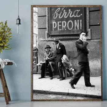 Черно-бял плакат с лампа на гледката Италия, щампи за домашен интериор, Реколта мъже на улицата на Неапол, Стенни живопис върху платно.